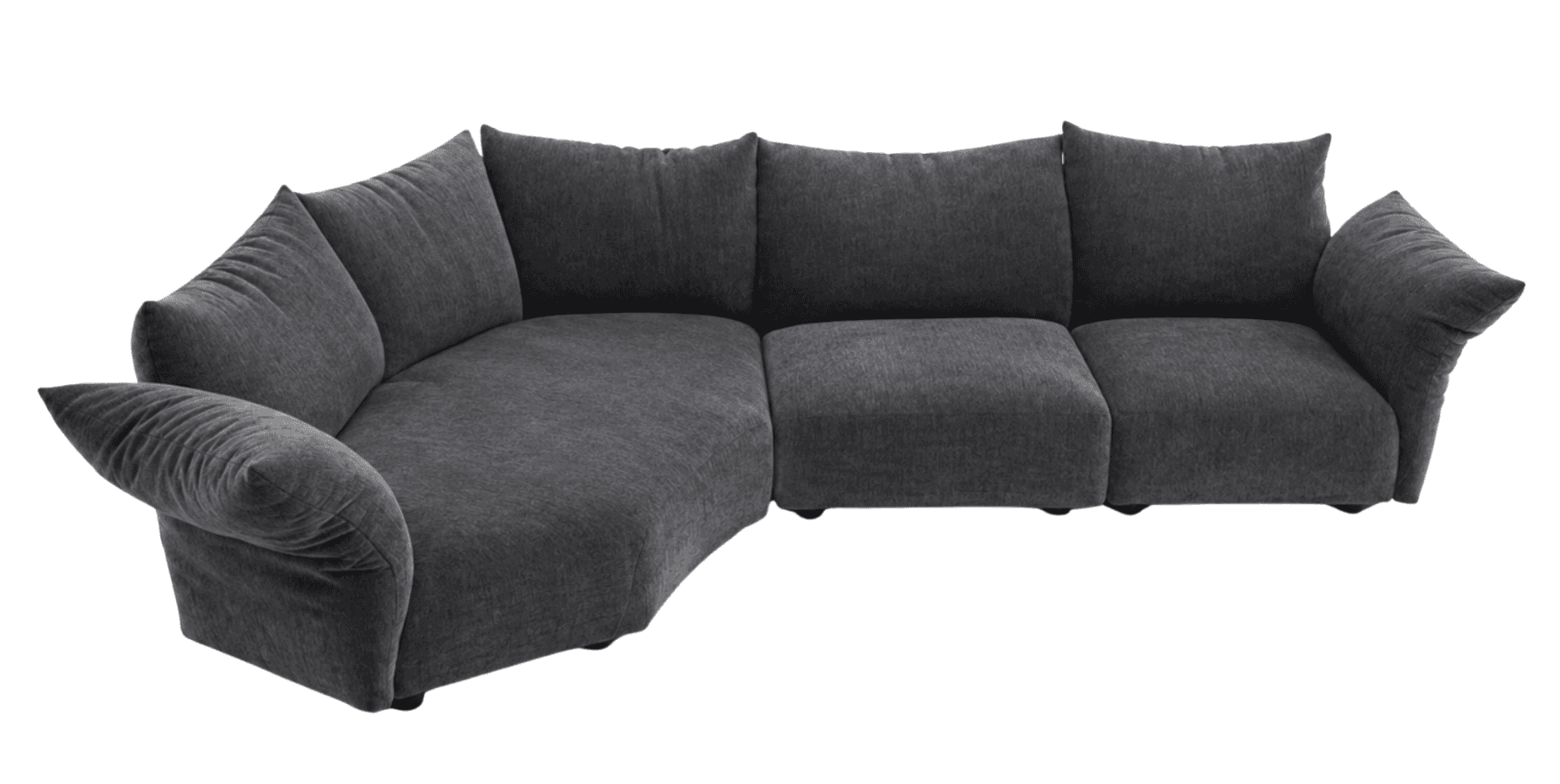 A dark gray, upholstered sectional sofa with a curved chaise lounge section on the left and multiple… — 3D model