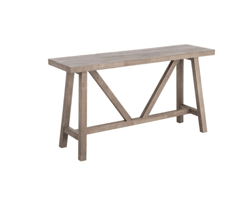 A long, narrow console table featuring a rustic aesthetic with a weathered wood finish. It has a rectangular top supported by A-frame trestle-style legs, which are reinforced with diagonal cross-braces along the stretcher. — 3D model
