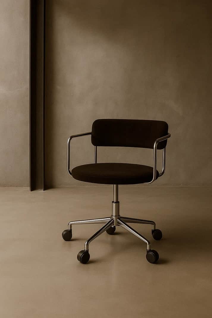 A modern office chair featuring a dark brown upholstered seat and backrest, supported by a tubular c… — free BLEND 3D model