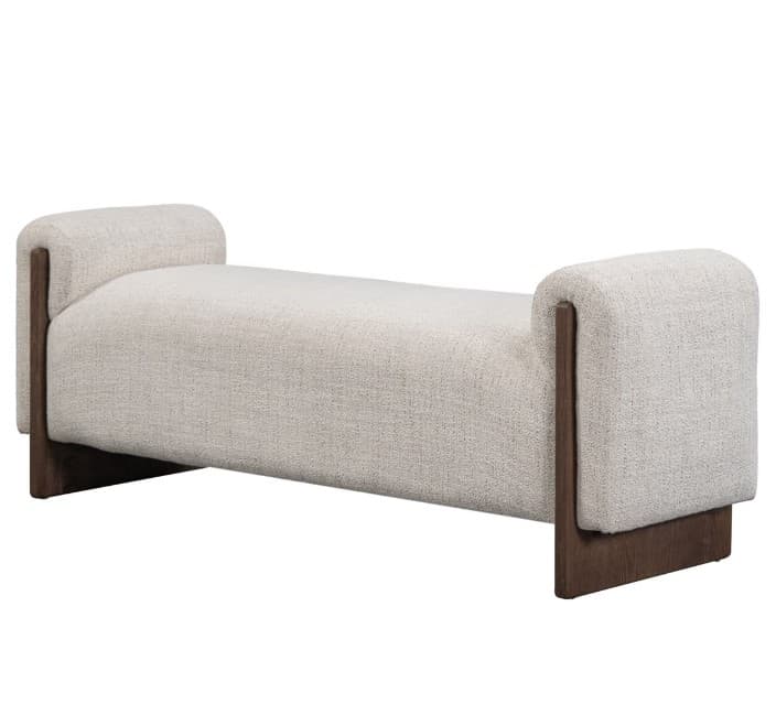 An off-white upholstered bench featuring a rectangular seat with rounded, roll-like ends supported by a dark wood, recessed frame. — 3D model