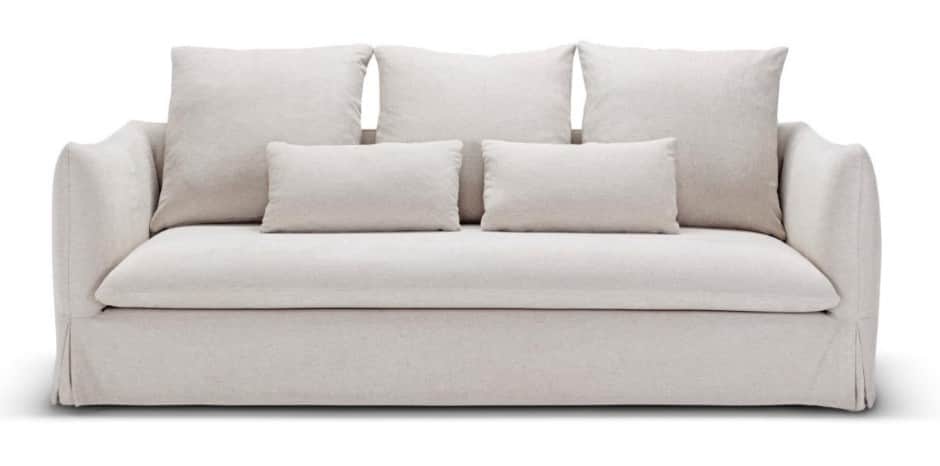 A contemporary sofa featuring a full slipcover in a light, neutral fabric. It has three large square… — 3D model