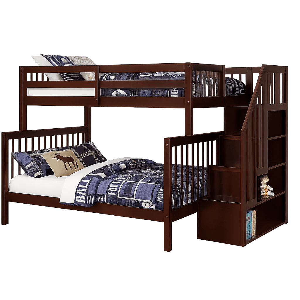 A wooden bunk bed with a dark brown finish. The lower bed is a full-size bed, and the upper bed is a twin-size bed. The bunk bed features a staircase with integrated shelving on the right side. The upper bunk has safety rails. The beds are dressed with bedding in shades of blue, white, and black with a plaid and patterned design. A decorative pillow with a moose graphic is placed on the lower bed. Small decorative items, including a stuffed animal and books, are visible on the shelves. — 3D model