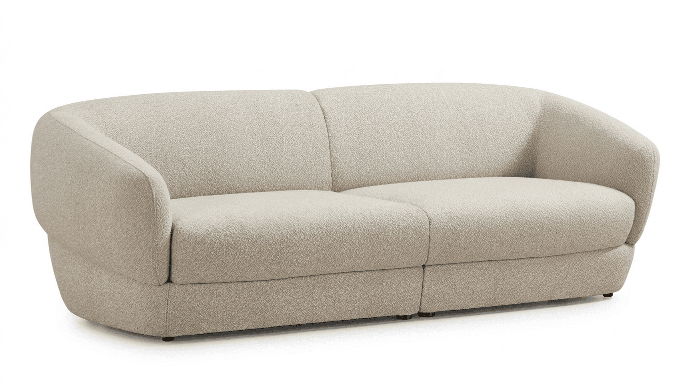 A two-seater sofa upholstered in a light-colored, textured bouclé fabric, featuring a contemporary design with rounded contours on the backrest, armrests, and base. — 3D model