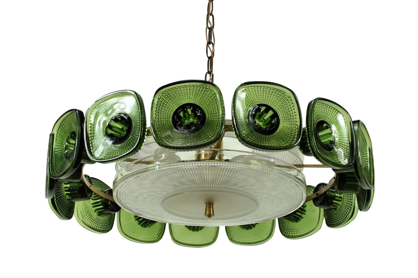A vintage chandelier featuring a circular arrangement of square-shaped, textured green glass elements. These elements are mounted around a central structure that includes a clear textured glass diffuser. The chandelier is suspended by a metal chain and has brass hardware. — 3D model