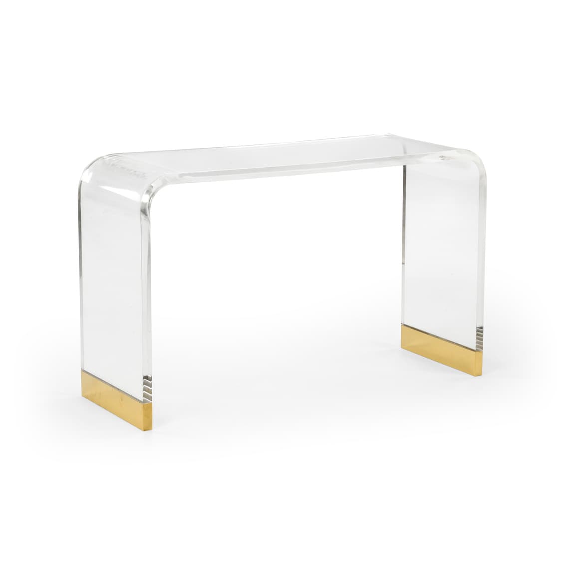 An elegant modern console table constructed from clear acrylic with a seamless waterfall design, accented with polished brass feet. — 3D model