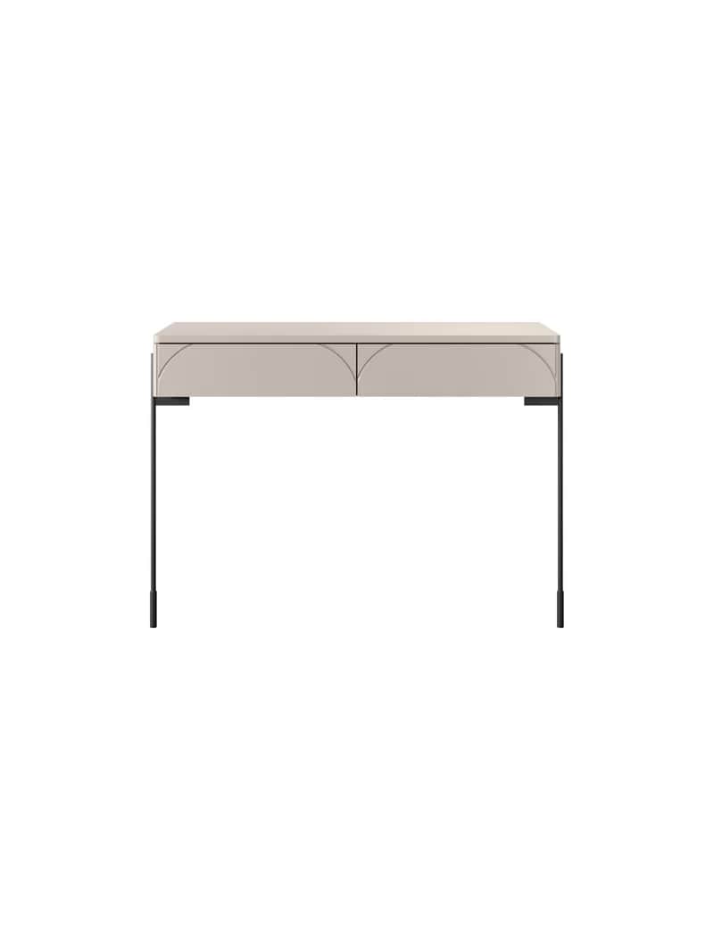 A contemporary minimalist console desk featuring a light beige top and two integrated drawers, suppo… — 3D model