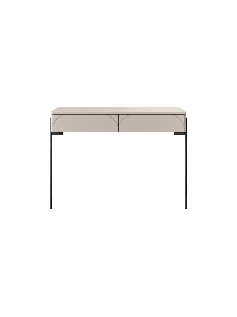 A contemporary minimalist console desk featuring a light beige top and two integrated drawers, supported by slender dark metal legs. The drawer fronts are adorned with subtle semicircular carved detailing, creating an integrated handle effect. The design is sleek and modern, suitable for various interior styles. — 3D model