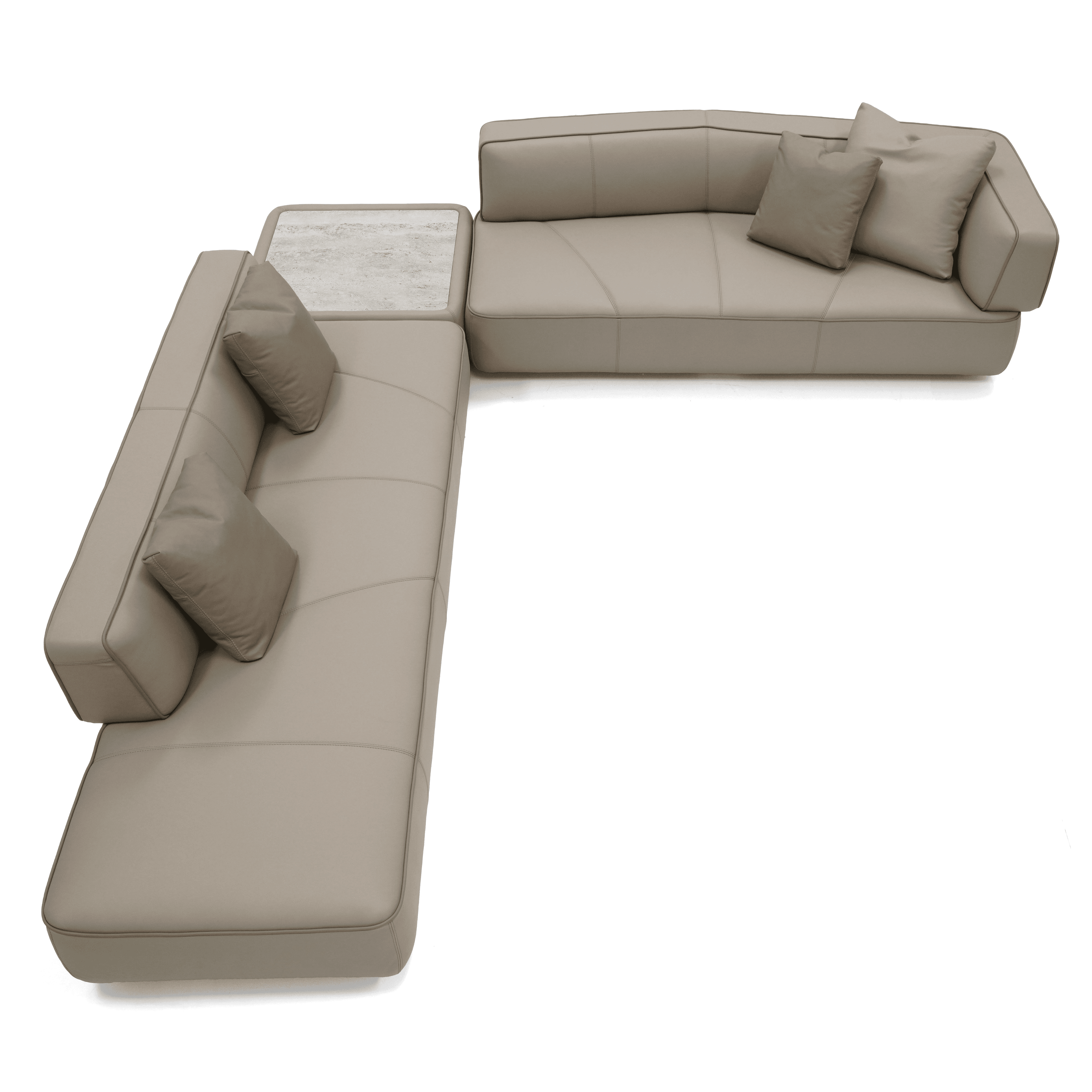 A contemporary sectional sofa with a chaise lounge. The sofa features a light beige or cream-colored upholstery with subtle stitching details creating a segmented appearance on the seating and back cushions. It includes two accent throw pillows in a similar neutral tone. A section of the sofa incorporates a light-colored, possibly marble or stone, tabletop integrated into its structure. The sofa is presented on a black background. — 3D model