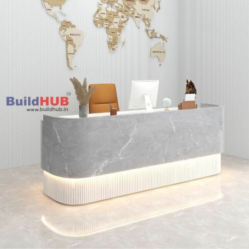 A modern, minimalist reception counter featuring a curved design. The upper section is made of a gre… — 3D model
