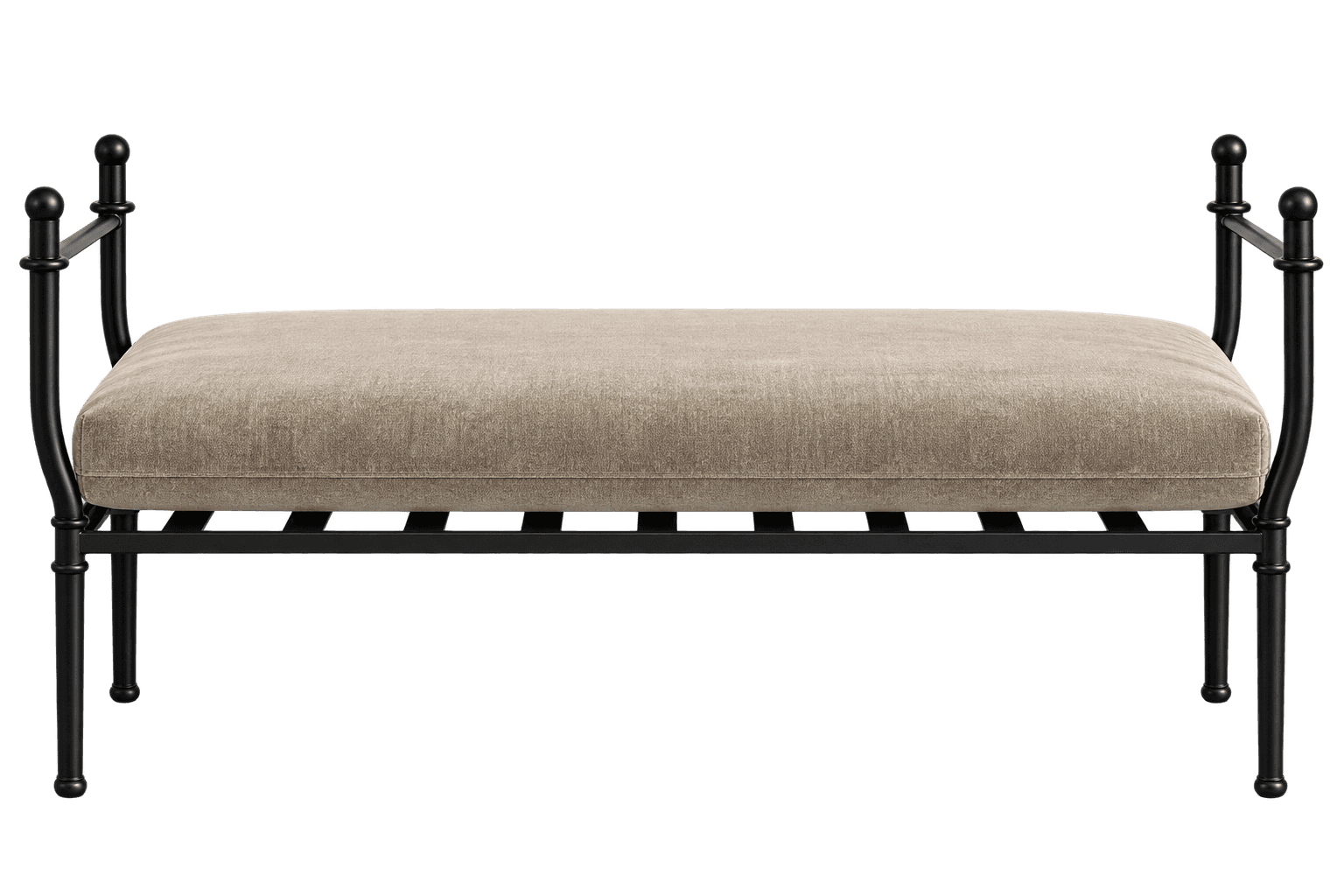 A rectangular bench featuring a robust black metal frame with decorative finials and a thick, beige… — 3D model