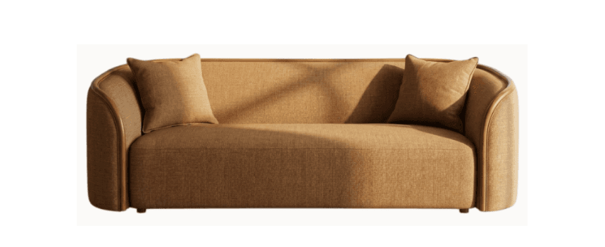 A modern, asymmetrical sofa or daybed upholstered in a textured beige fabric, featuring a continuous curved wooden frame that acts as a partial backrest and armrest, tapering off on one side. It includes two matching throw pillows. — 3D model