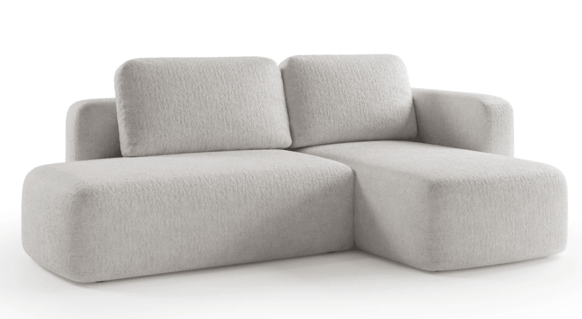 A contemporary modular sectional sofa in a light, neutral color, upholstered in a textured fabric, featuring a main two-seat section and an integrated chaise lounge, characterized by soft, rounded edges and a low-profile design. — 3D model
