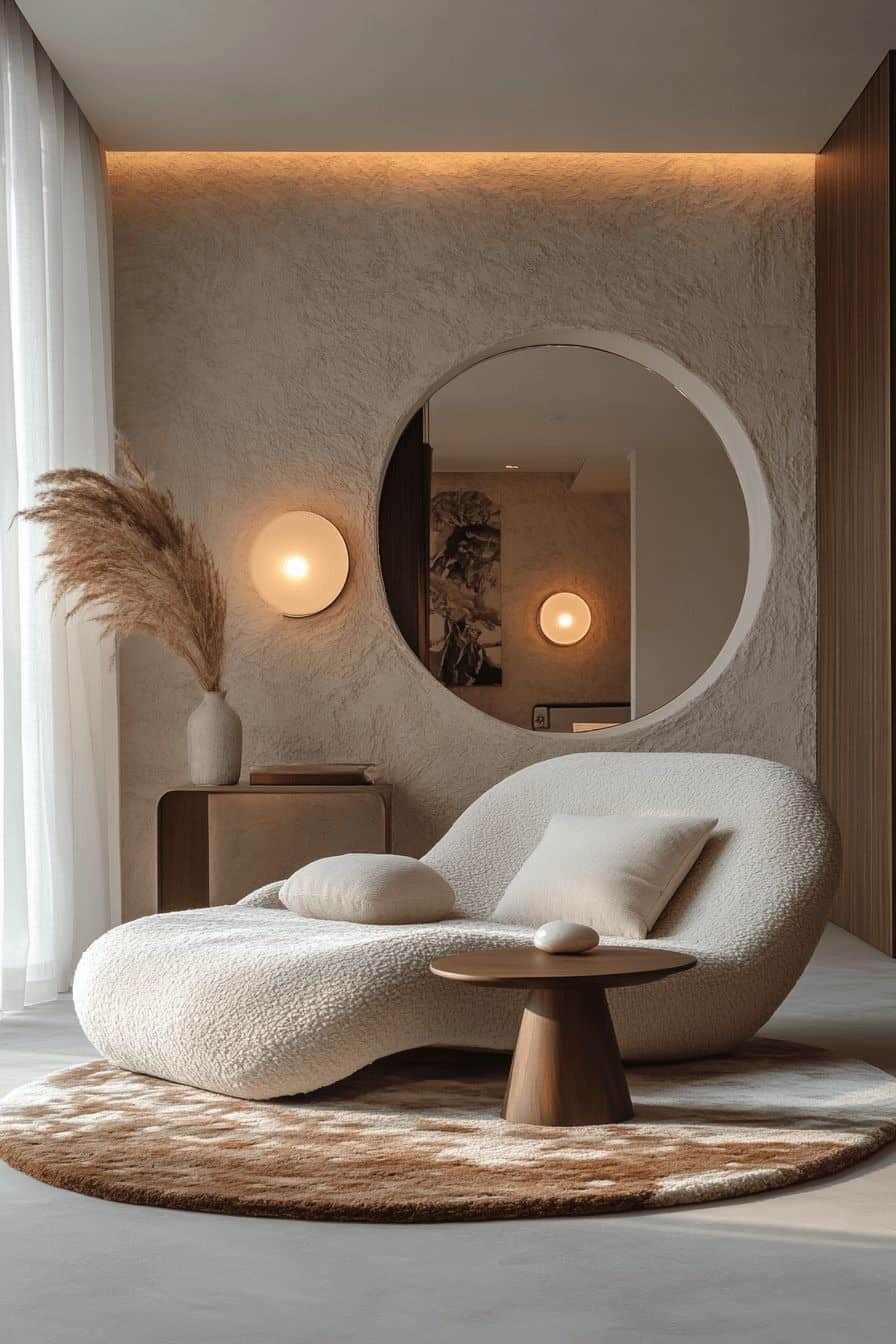An off-white, irregularly shaped chaise lounge upholstered in bouclé fabric, accompanied by a small,… — 3D model