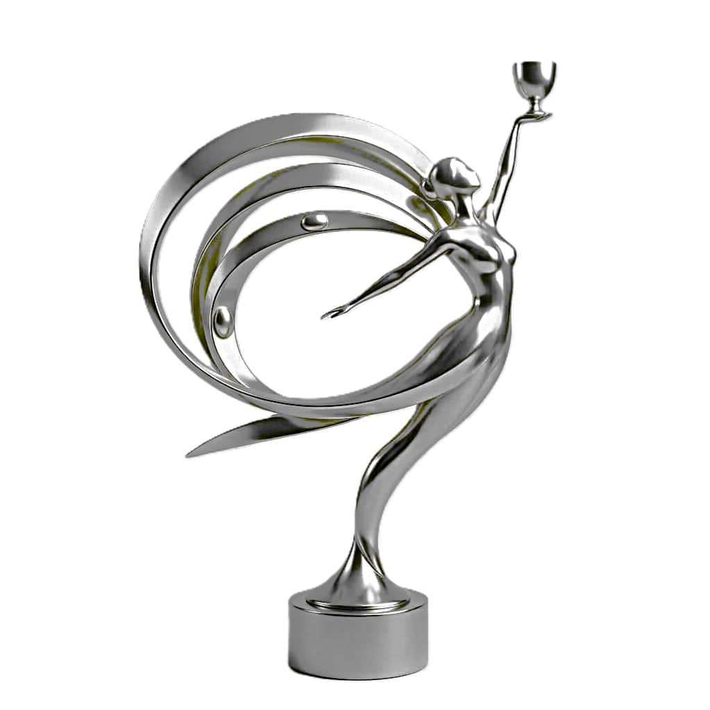 A polished silver-toned sculpture depicting a stylized female figure in a dynamic pose, holding a sm… — 3D model