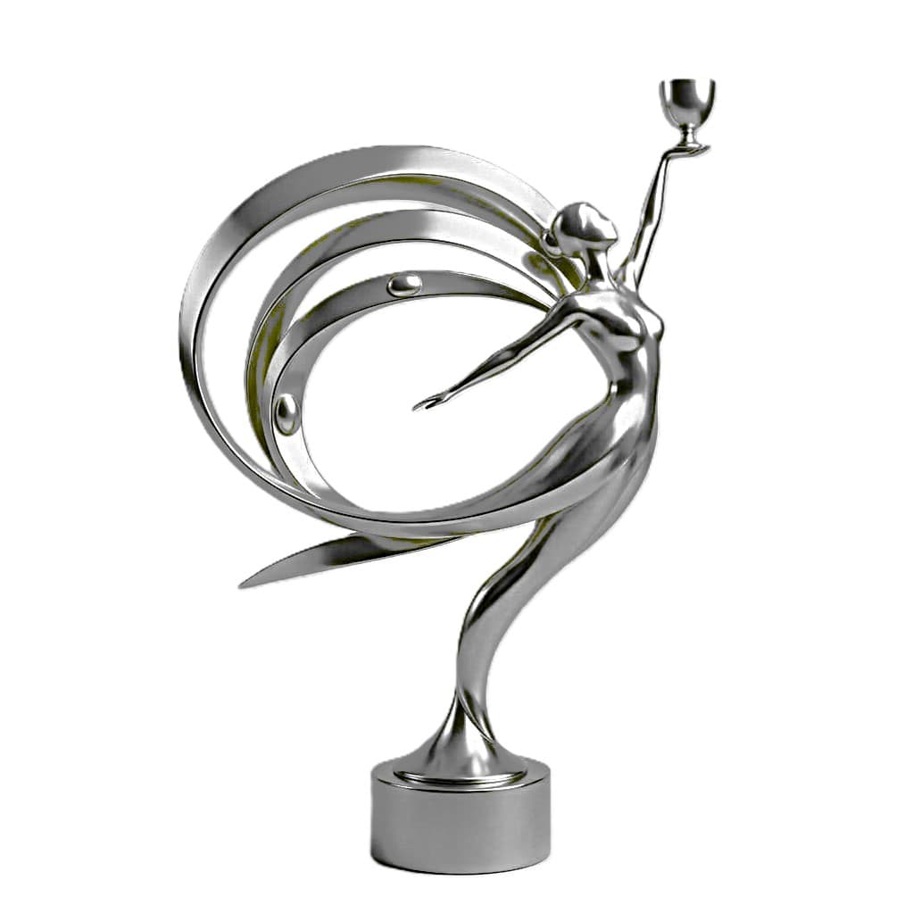 A polished silver-toned sculpture depicting a stylized female figure in a dynamic pose, holding a small cup or chalice aloft in her raised left hand. Flowing, ribbon-like elements emanate from her back, creating a sense of movement and grace. The sculpture stands on a round, solid base. — 3D model