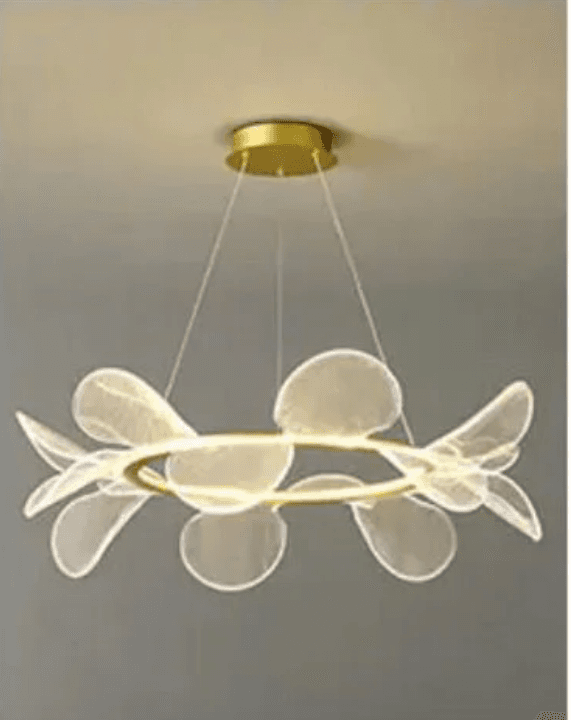 A modern chandelier featuring a circular gold frame from which several translucent white petal-shaped diffusers extend. Integrated LED lighting is visible along the inner circumference of the frame, illuminating the diffusers. — 3D model