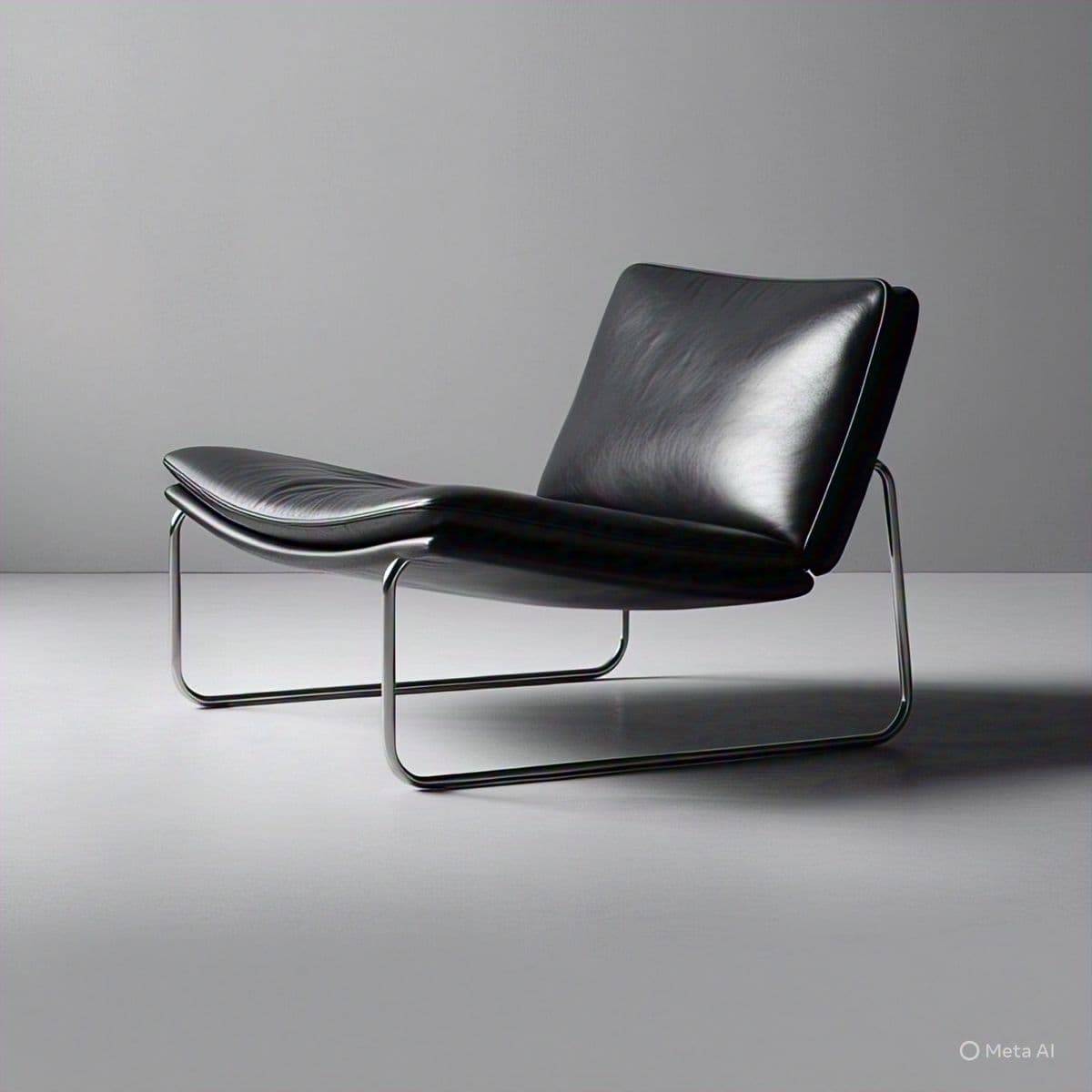 A modern lounge chair featuring a low-profile design with a contoured seat and backrest upholstered in black leather. The frame is constructed from polished metal tubing, creating a minimalist aesthetic. — 3D model