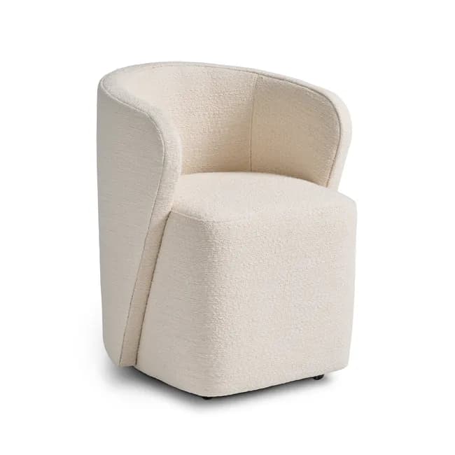 A contemporary barrel-shaped armchair, fully upholstered in a textured off-white boucle fabric, featuring a continuous curved backrest that seamlessly integrates with the armrests. The base is also upholstered. — 3D model