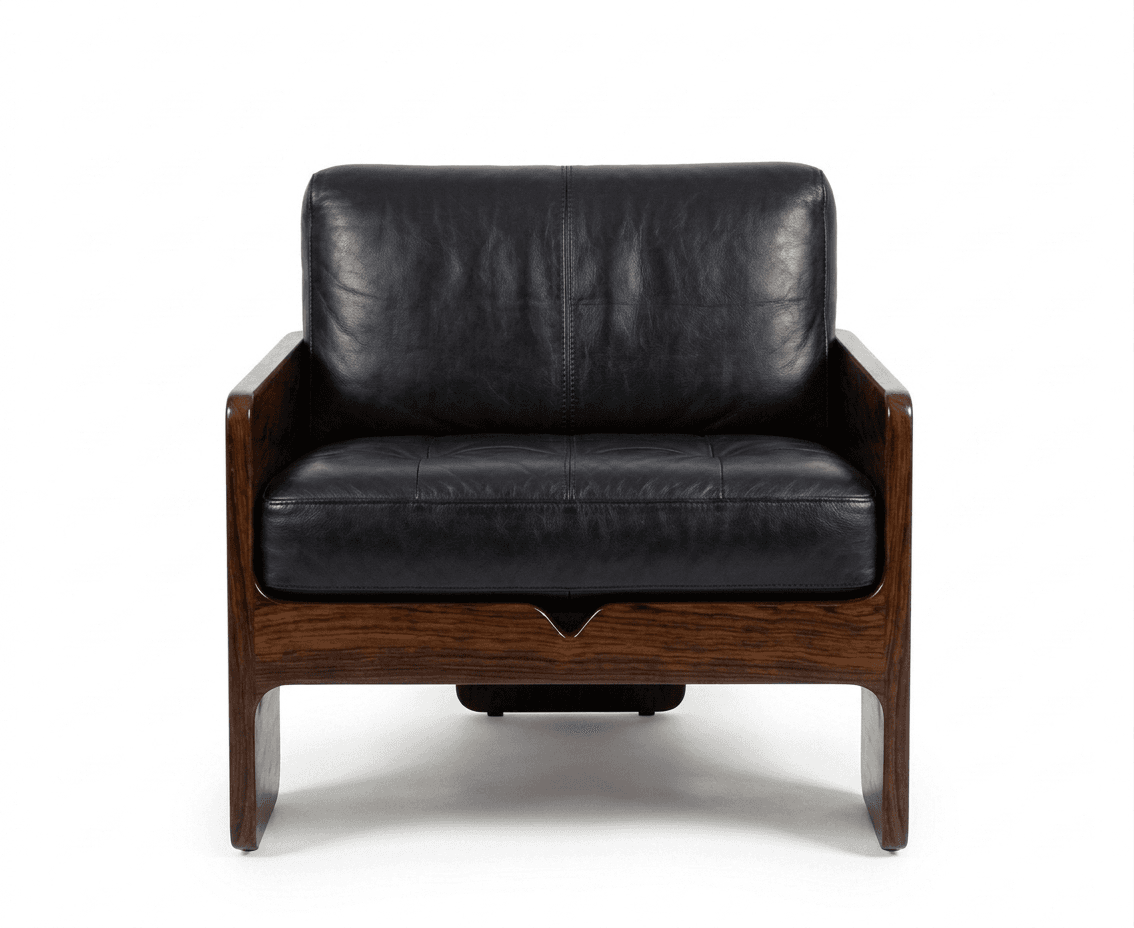 A Mid-Century Modern style armchair featuring a solid, dark wood frame and plush black leather upholstery. — 3D model