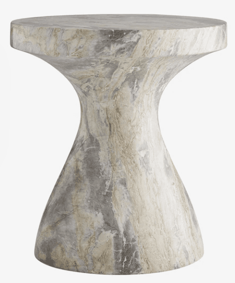 A small, solid accent table crafted from natural gray and white marble. It features a circular top and a flaring base, connected by a distinct narrow, hourglass-shaped midsection. The material exhibits natural veining patterns in shades of gray, white, and occasional tan. — 3D model