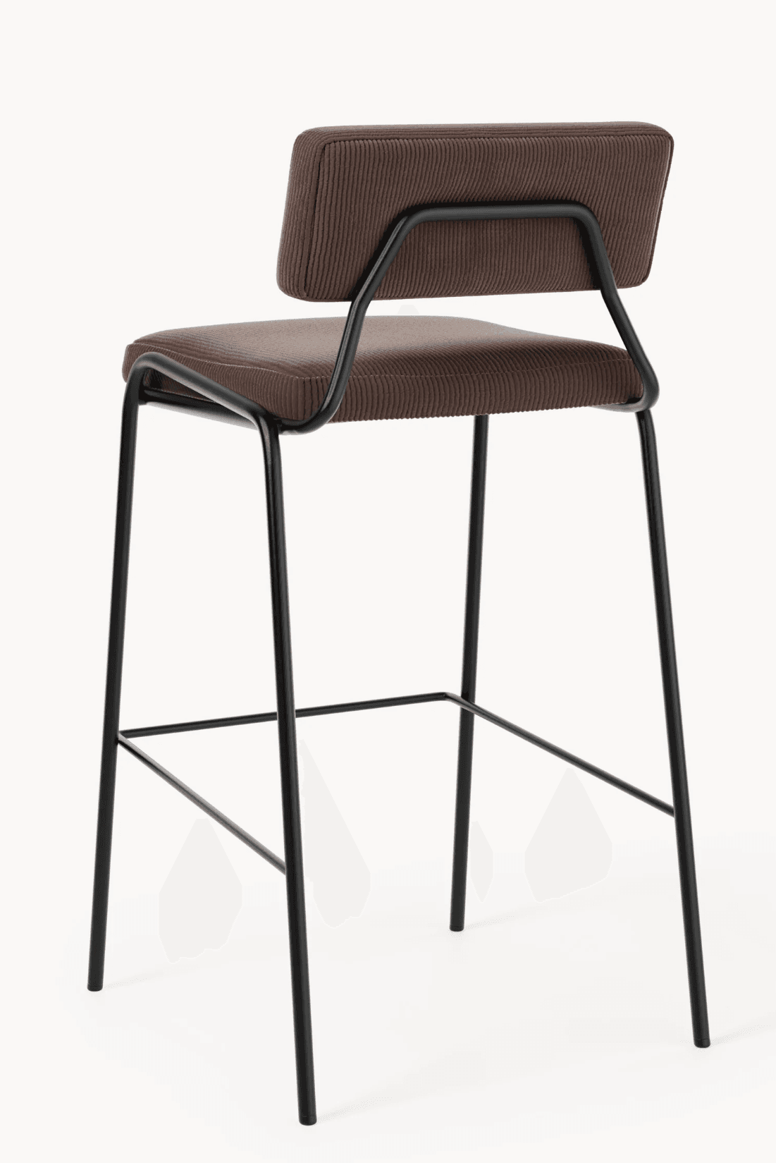 A modern bar stool featuring a sturdy black tubular metal frame supporting a padded seat and a low rectangular backrest, both upholstered in a rich brown ribbed corduroy fabric. The frame includes an integrated square footrest. — 3D model