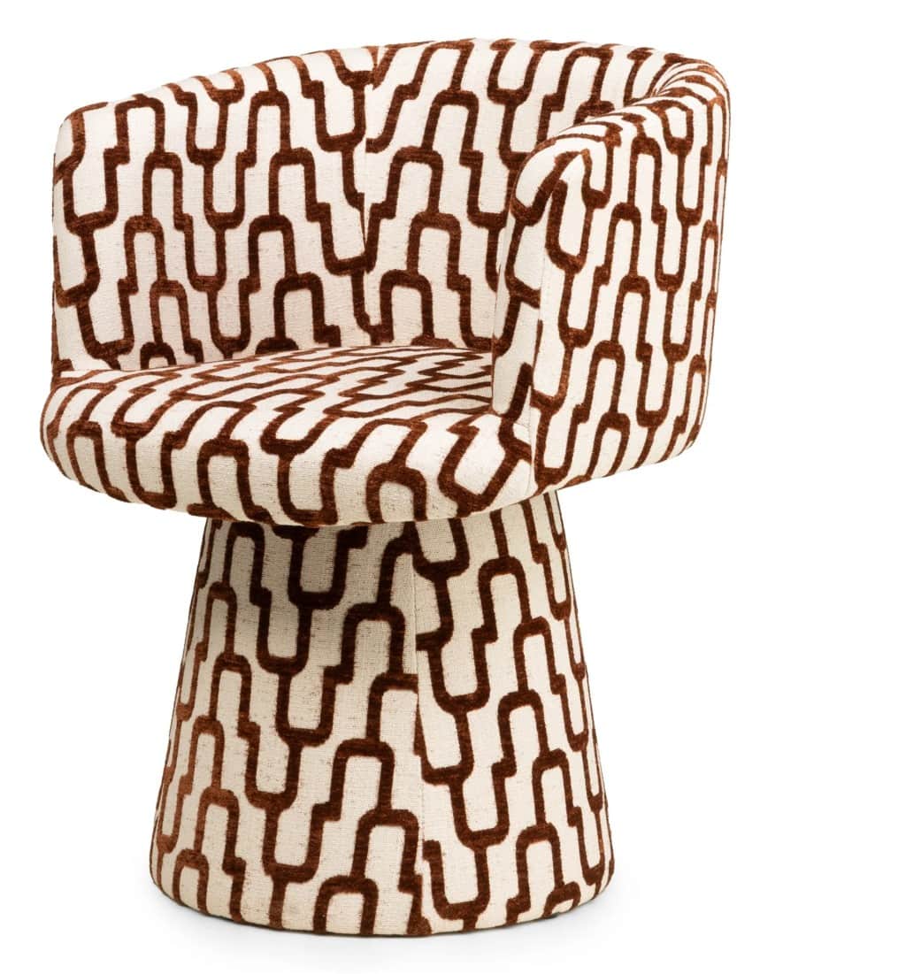 A swivel armchair upholstered in a fabric with a repeating geometric pattern. The armchair features… — 3D model