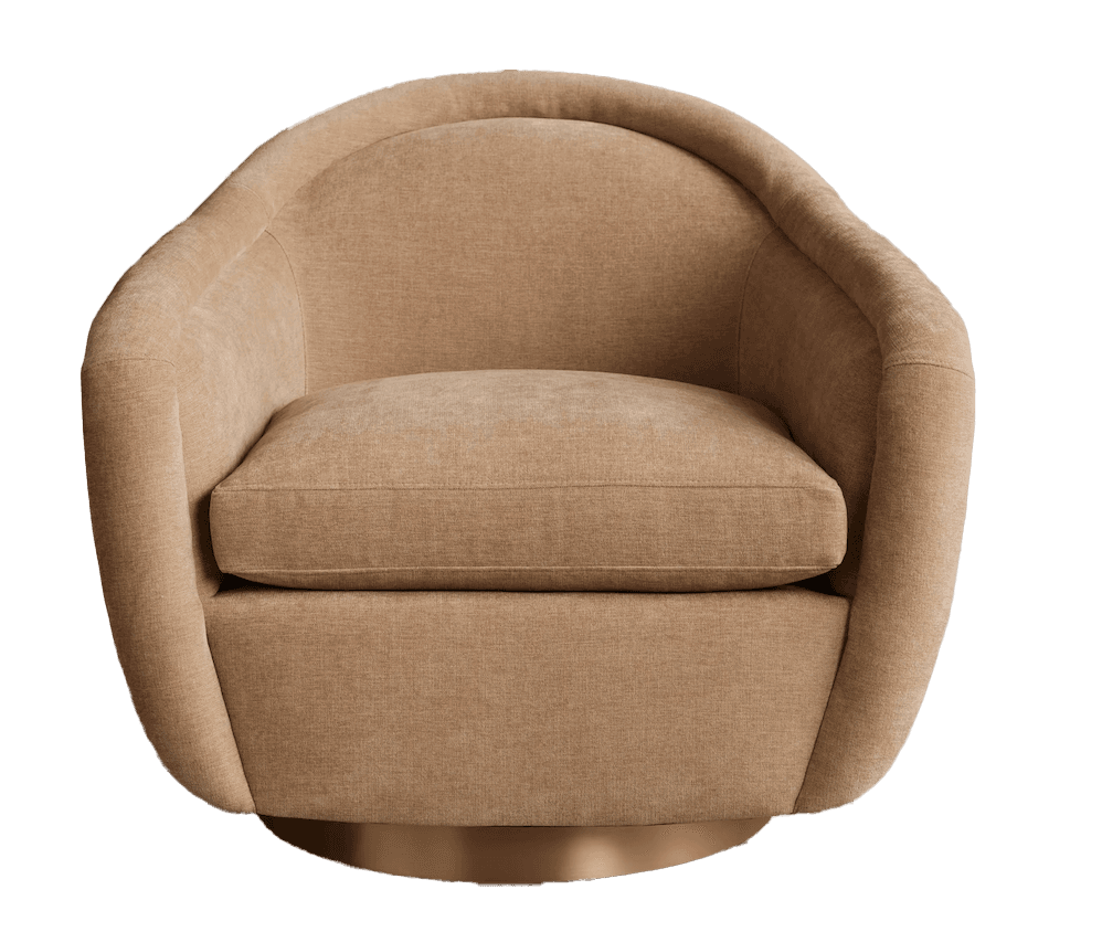 A barrel-shaped armchair with a swivel base. The chair features a fully upholstered body with a rounded backrest that curves into the armrests. A separate seat cushion provides comfort. The base is a circular, metallic swivel plate. — 3D model