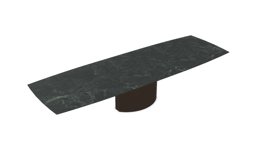A rectangular-oval table featuring a dark green marble top with white veining, supported by a single, semi-circular dark brown pedestal base. — 3D model