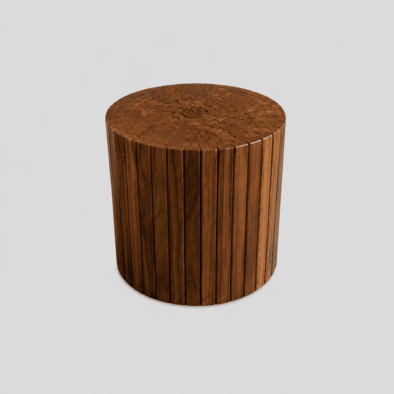 A cylindrical side table constructed from vertical wooden slats around its body, topped with a flat… — 3D model
