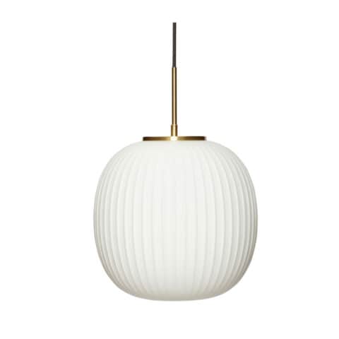 A modern pendant light featuring a spherical, ribbed white glass shade suspended by a thin brass rod… — 3D model