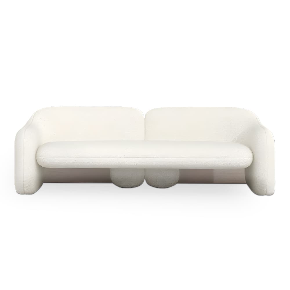 A contemporary two-seater sofa characterized by its soft, rounded silhouette and luxurious cream-colored boucle upholstery. It features an integrated base with subtle spherical support feet, and a seamless, plush design with gently curving arms that merge into the backrest. — 3D model