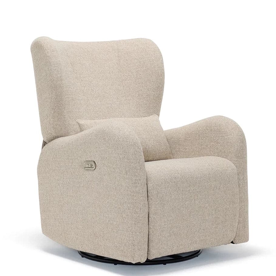A contemporary upholstered recliner featuring a high back, rounded arms, and a plush, inviting appearance. It is upholstered in a light beige, textured fabric and includes a small lumbar pillow. A discreet control panel on the right armrest indicates power reclining functionality, and the chair rests on a circular black swivel base. — 3D model