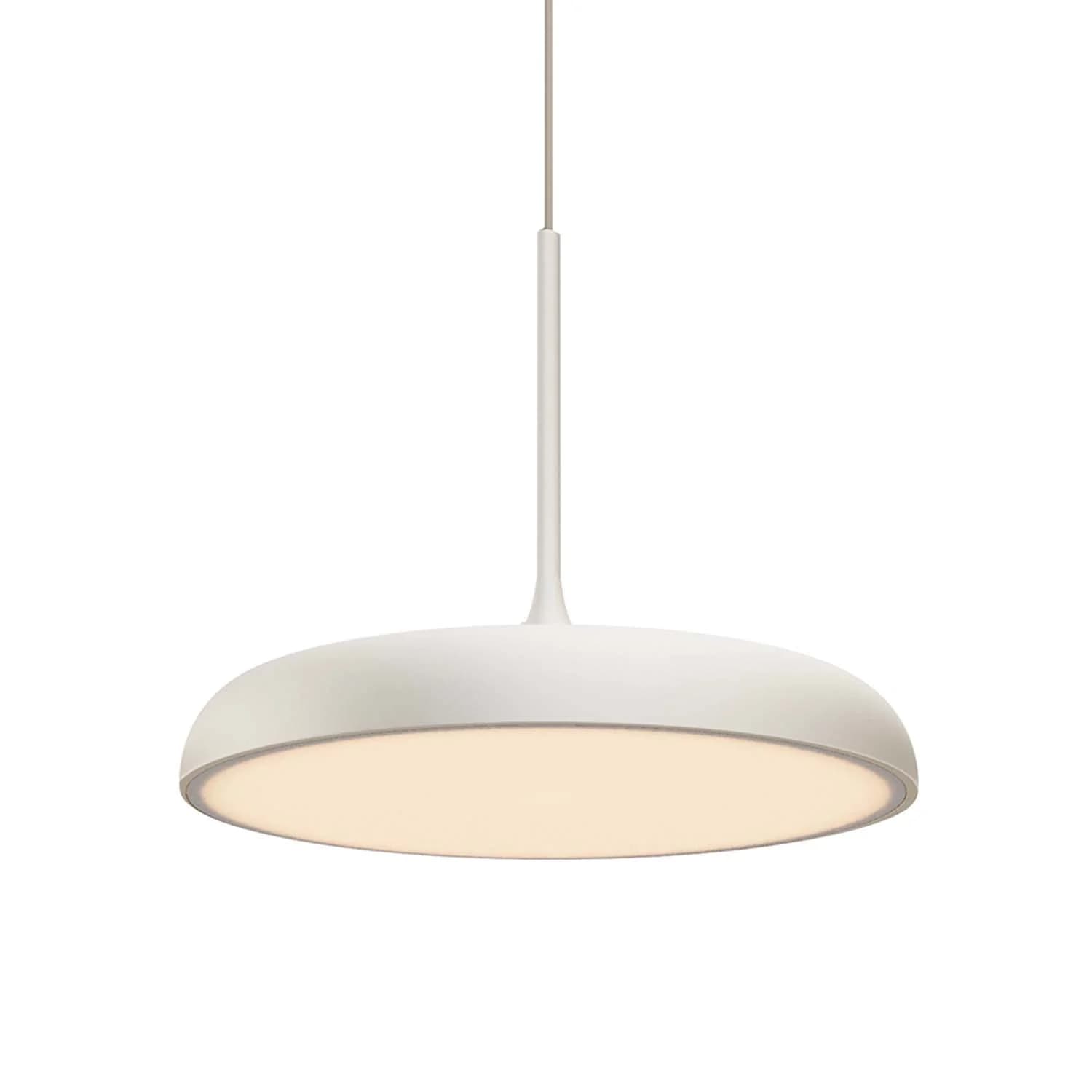 A modern, minimalist white disc-shaped pendant light suspended from a ceiling rod. It features an integrated light source providing downward illumination through a wide diffuser. — 3D model