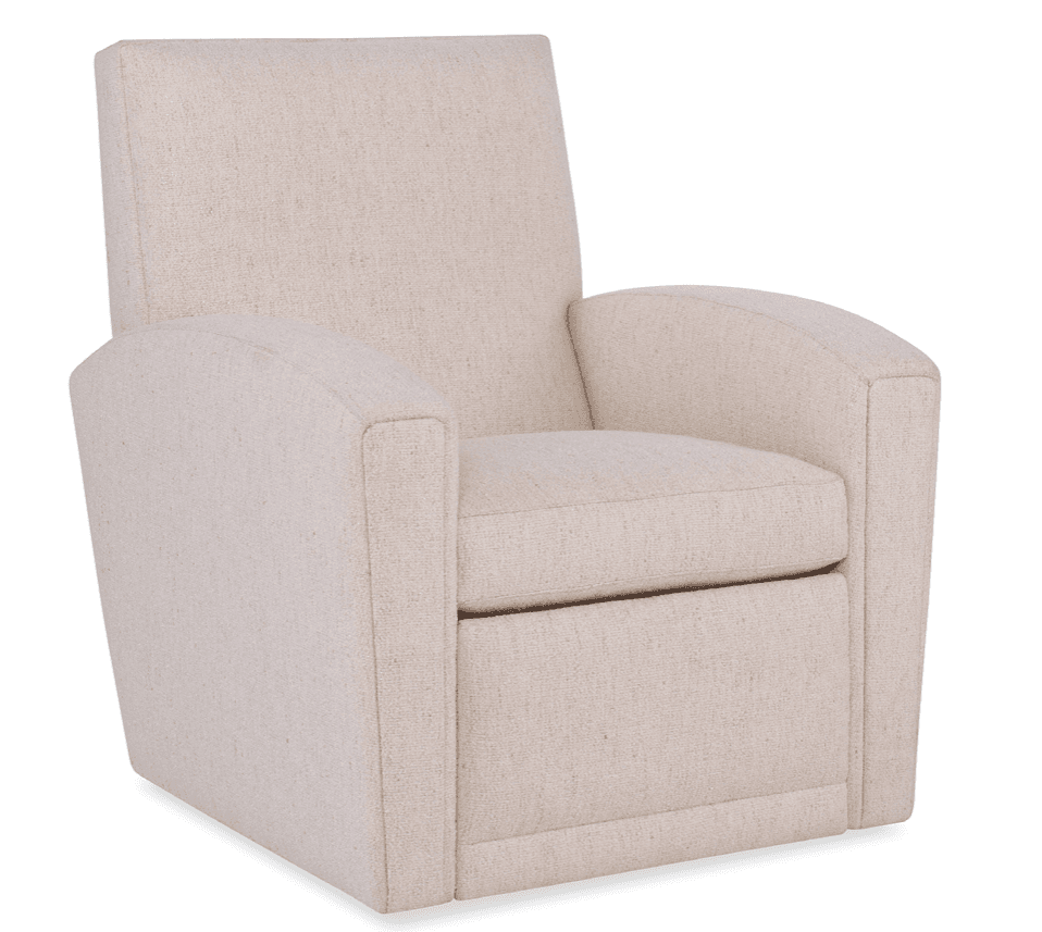 A contemporary upholstered armchair featuring clean lines, rounded track arms, and a full skirted base, rendered in a light, neutral-toned fabric. — 3D model