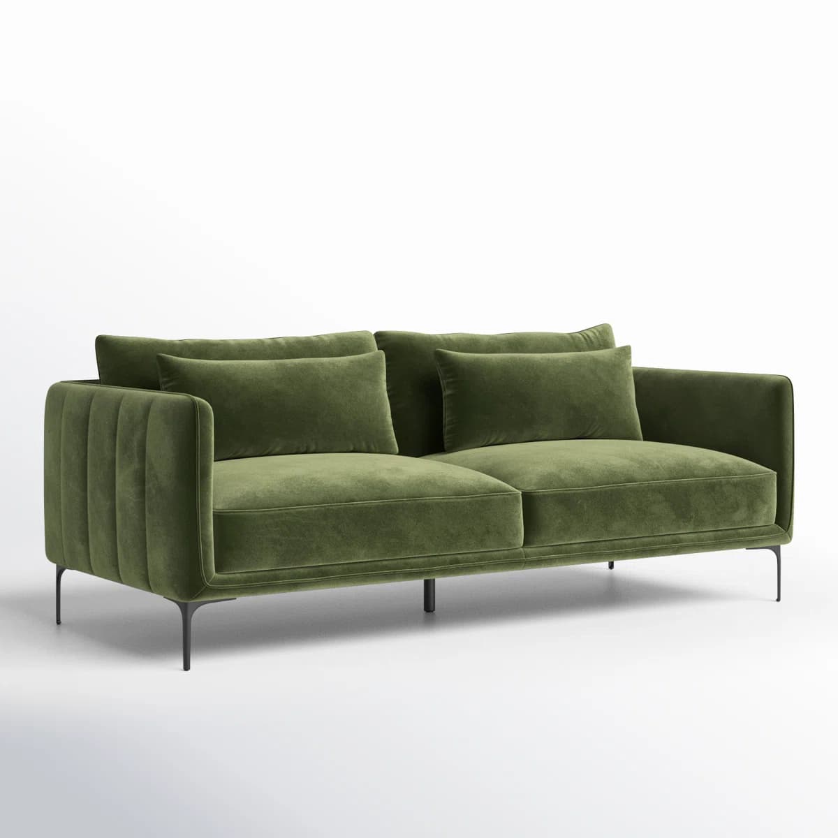 A modern, two-seater sofa upholstered in a textured green fabric, likely velvet. It features a streamlined design with channel tufting on the arms and backrest. The sofa is supported by slender, black metal legs. — 3D model