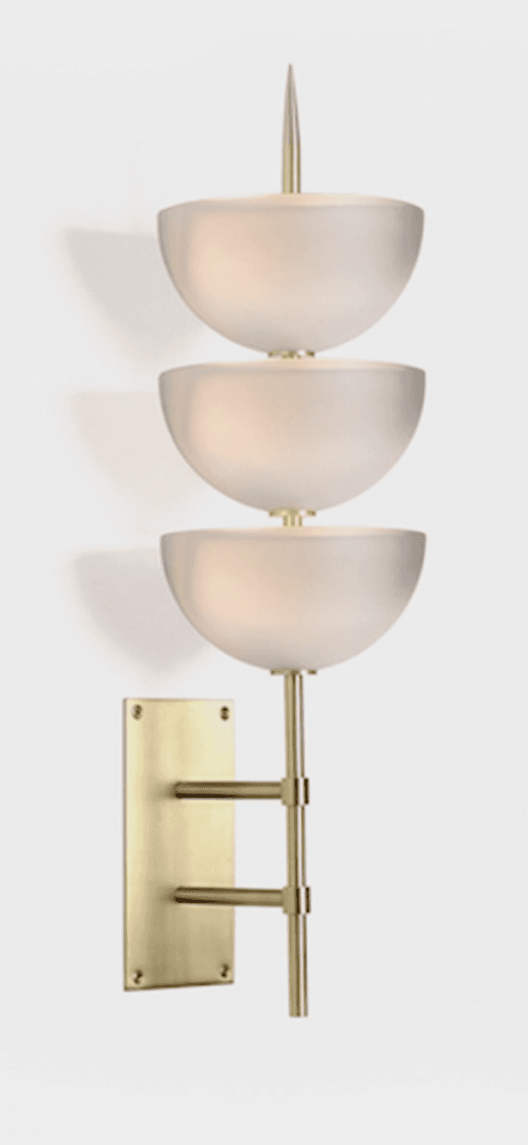 A vertical wall lamp with three stacked frosted glass bowl-shaped shades. The shades are supported b… — 3D model