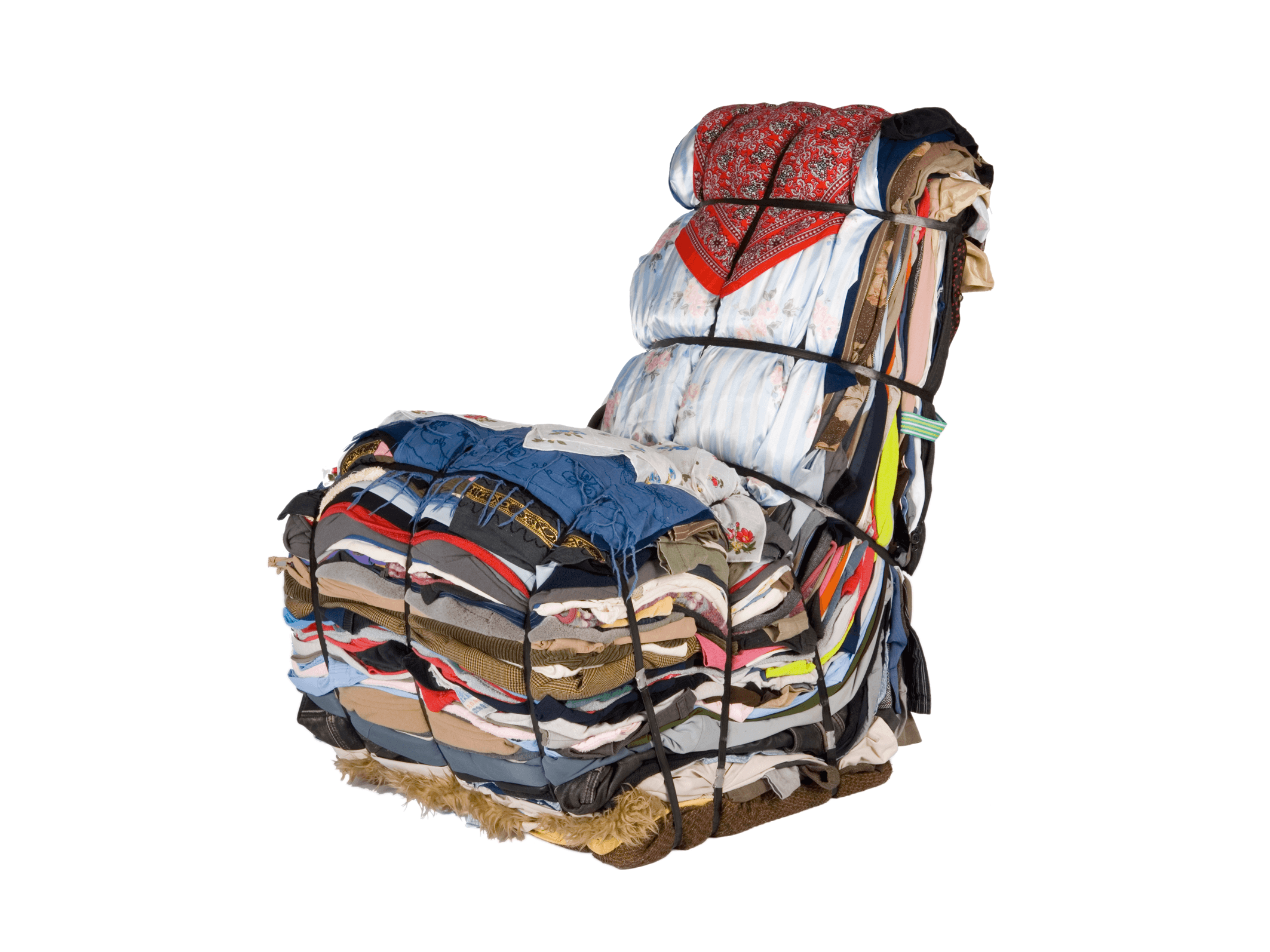 A unique lounge chair constructed entirely from tightly bound bales of discarded textiles, primarily clothing, forming a distinct sculptural and functional seating object with an artistic aesthetic. — 3D model