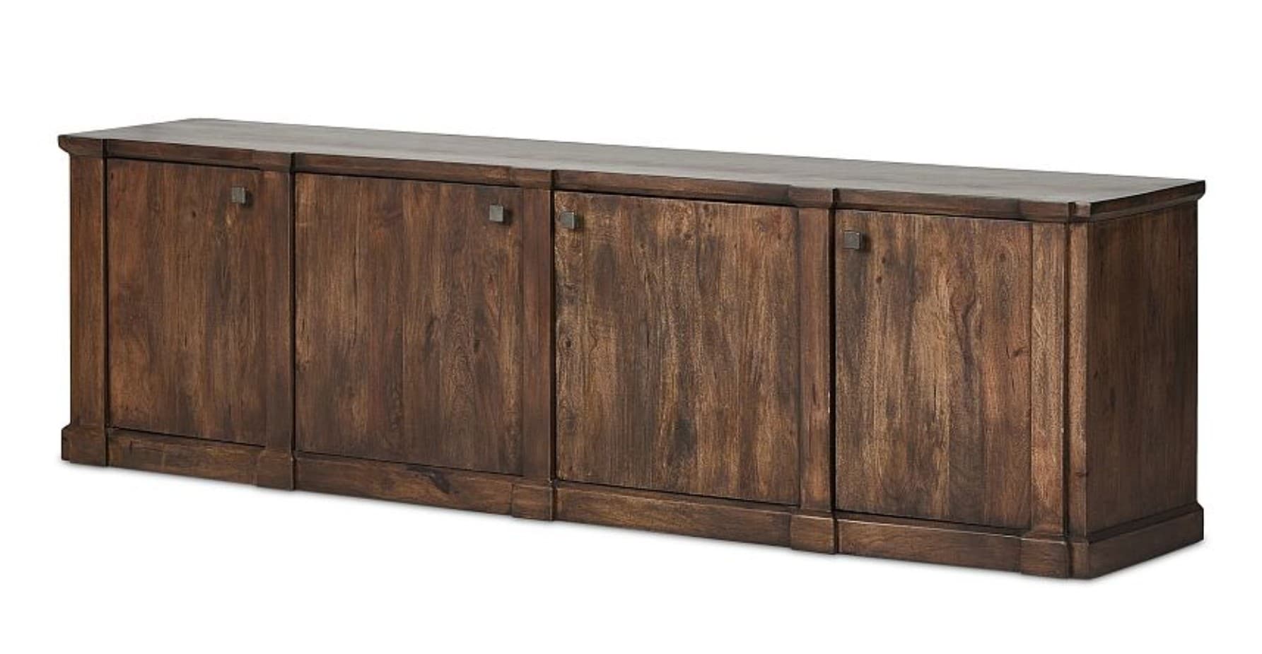 A long, low-profile wooden cabinet featuring four doors. The cabinet has a dark wood finish with visible grain patterns. Each door has a small, square metal handle centrally placed. The piece sits on a recessed base with a simple, clean silhouette. — 3D model