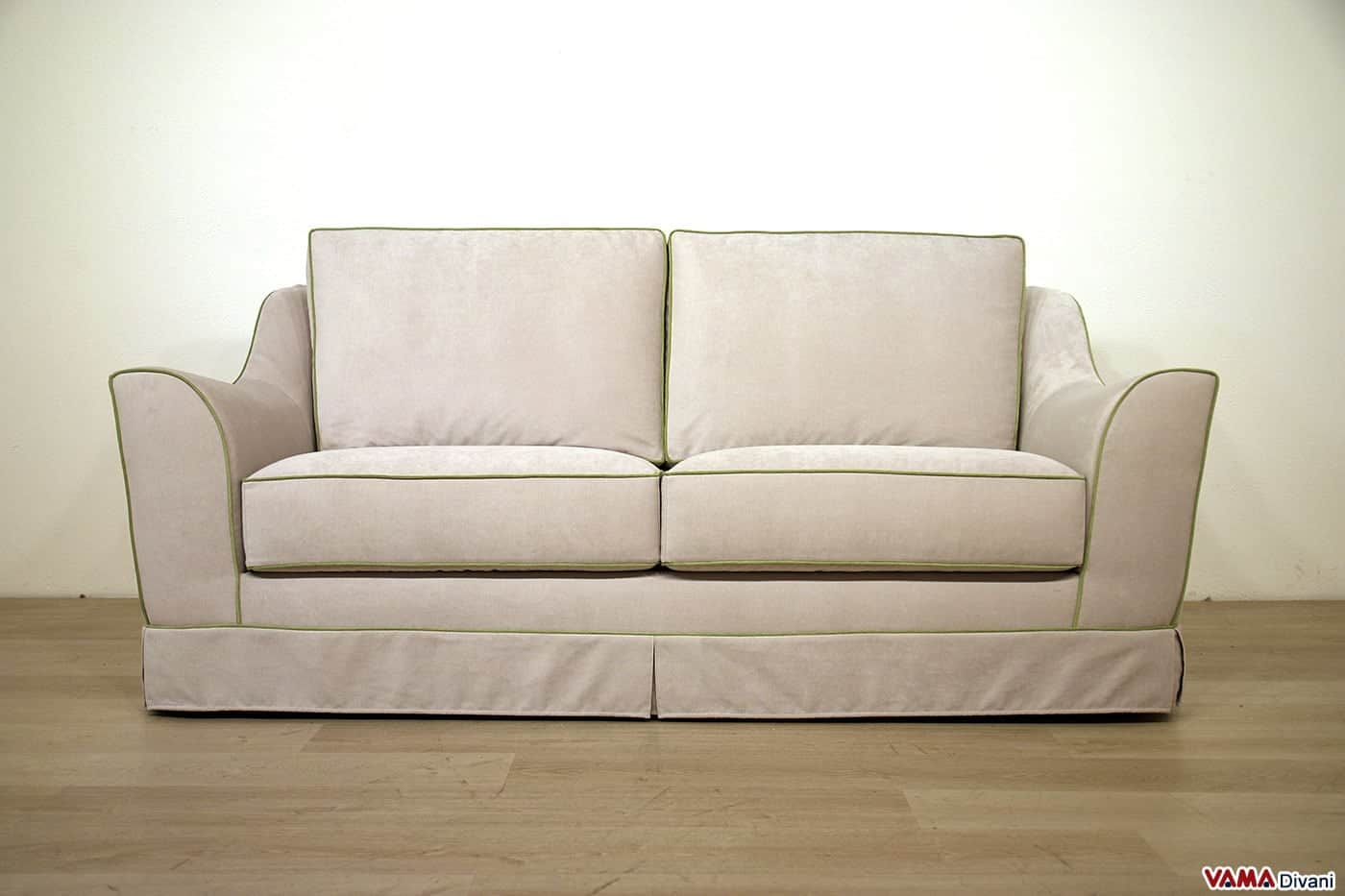A two-seater sofa with plush cushions and a skirted base. The sofa features a light-colored fabric u… — free GLTF 3D model