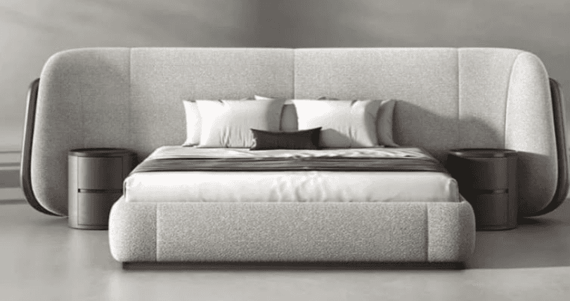 A modern upholstered platform bed featuring a light grey fabric frame and an expansive, curvilinear… — free STL 3D model