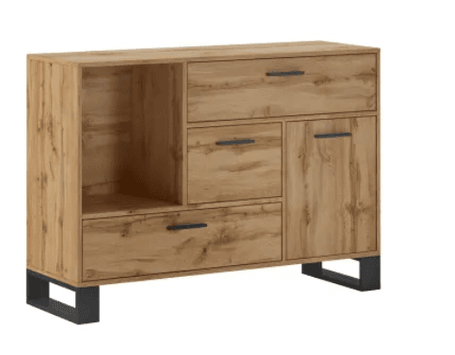 A contemporary sideboard featuring a distressed light oak finish, offering a combination of open shelving, drawers, and a closed cabinet compartment. It stands on dark, rectangular metal legs, contributing to an industrial aesthetic. — 3D model