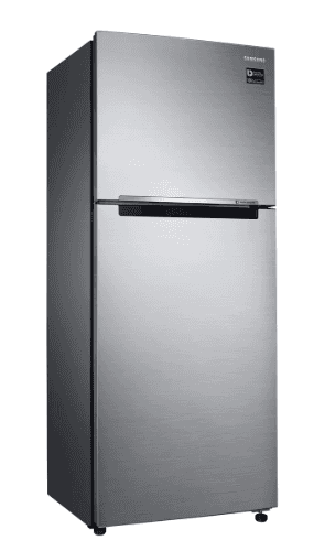 A modern, two-door top-freezer refrigerator manufactured by Samsung. It features a brushed stainless… — 3D model
