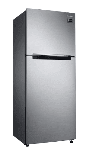 A modern, two-door top-freezer refrigerator manufactured by Samsung. It features a brushed stainless steel finish, integrated horizontal handles for both the freezer and refrigerator compartments, and a sleek, contemporary design. The upper compartment is the freezer, and the larger lower compartment is the fresh food section. The Samsung logo and a 'Digital Inverter' badge are visible on the top freezer door. — 3D model