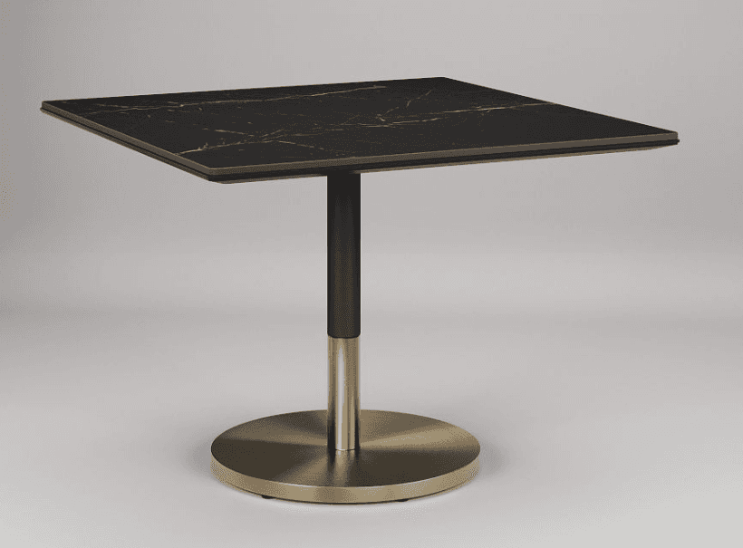 A square-top table with a black marble-patterned surface and a pedestal base. The pedestal consists… — 3D model