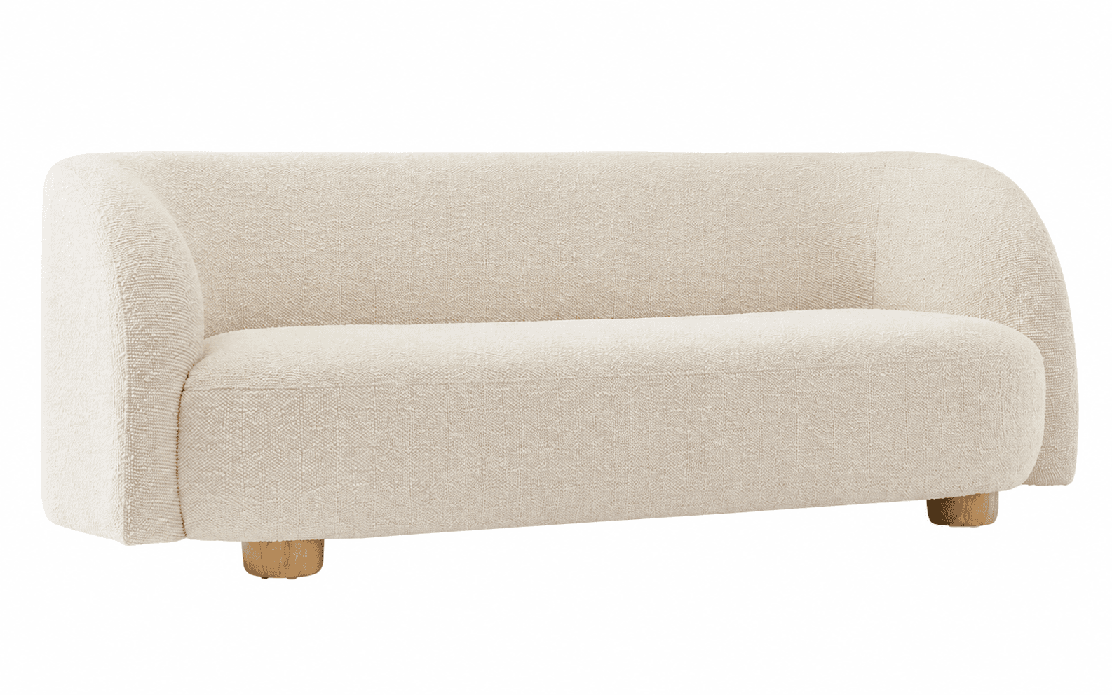 A cream-colored upholstered loveseat featuring a rounded, contemporary design with a continuous back and armrest structure, soft bouclé texture, and short, light-toned wooden legs. — 3D model