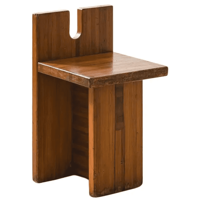 A rustic chair constructed from thick, stained wood slabs, featuring a solid seat, panel legs, and a… — 3D model