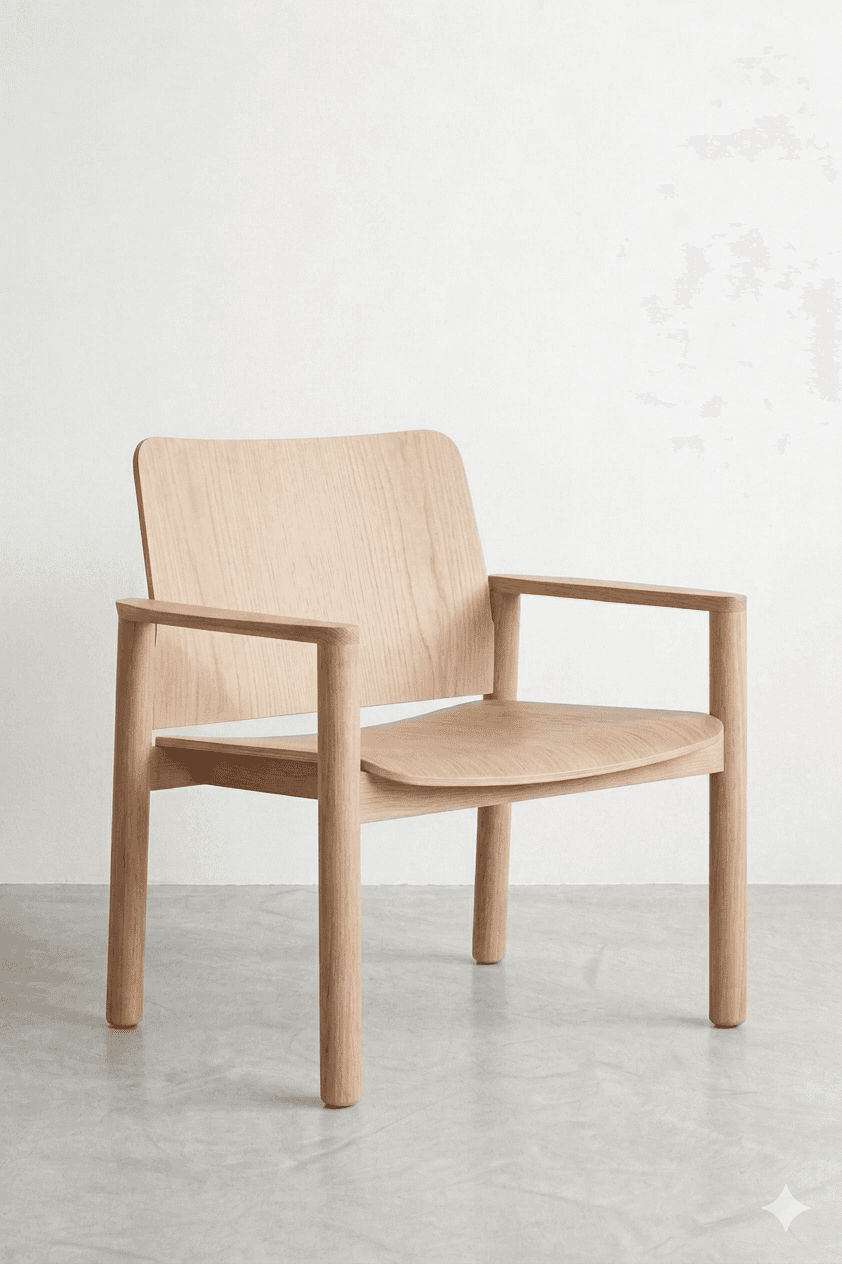 A modern armchair with a minimalist design, constructed from light-colored wood. It features a gentl… — 3D model