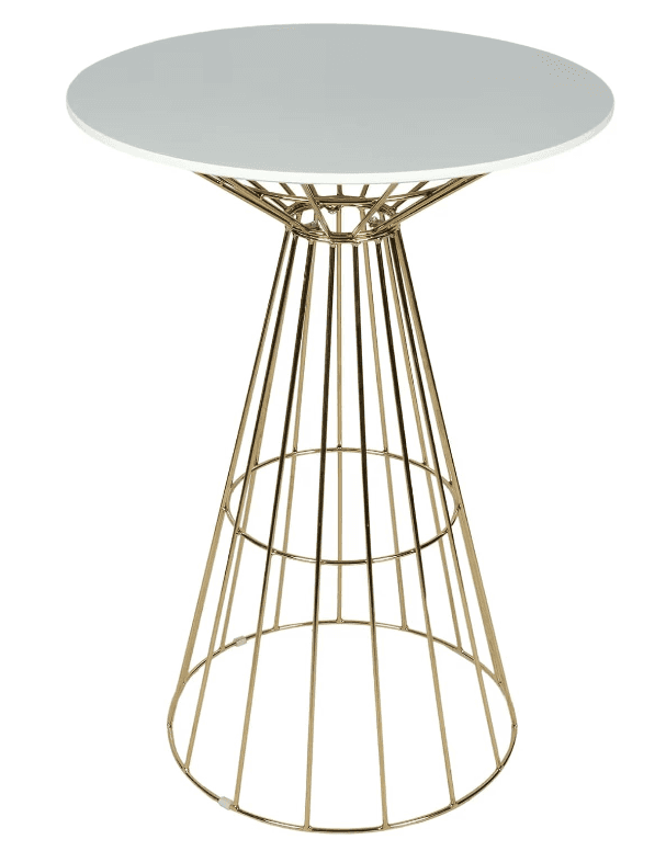 A modern bar table featuring a circular white tabletop supported by a conical, open wireframe base i… — 3D model