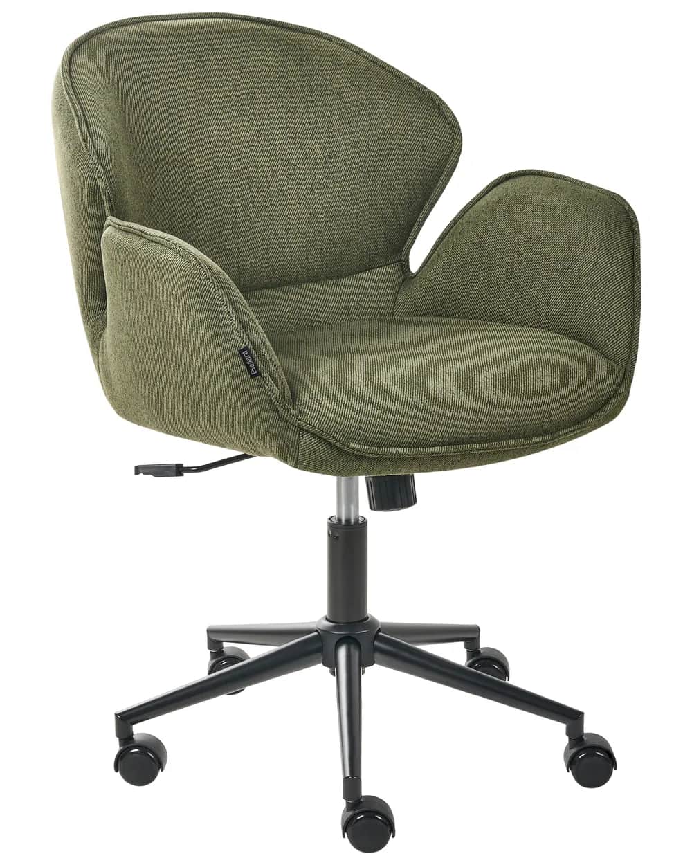 A modern upholstered desk chair in an olive green textured fabric, featuring a continuous contoured… — free BLEND 3D model