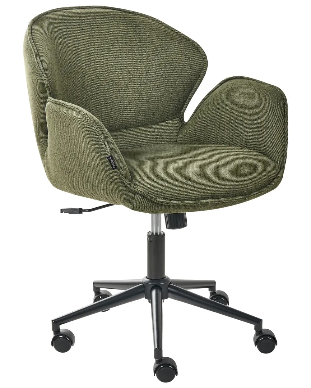 A modern upholstered desk chair in an olive green textured fabric, featuring a continuous contoured shell for the backrest and integrated armrests, supported by a black five-star caster base with swivel and height adjustment capabilities. — 3D model